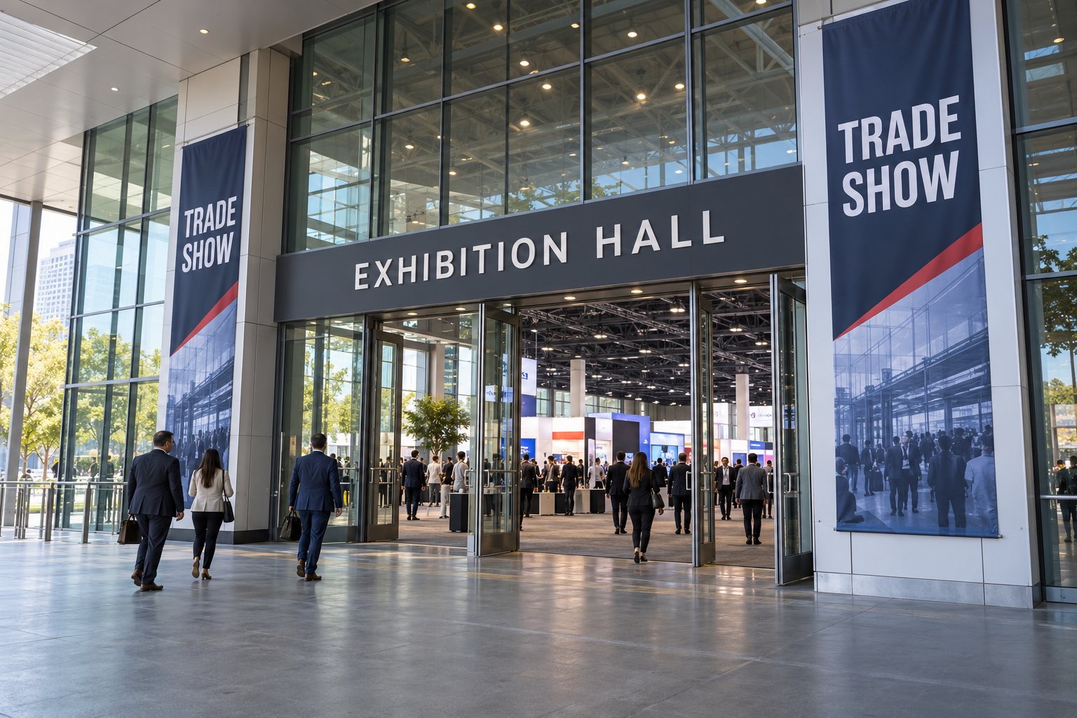 A large exhibition venue entrance with trade show banners and booths visible inside.