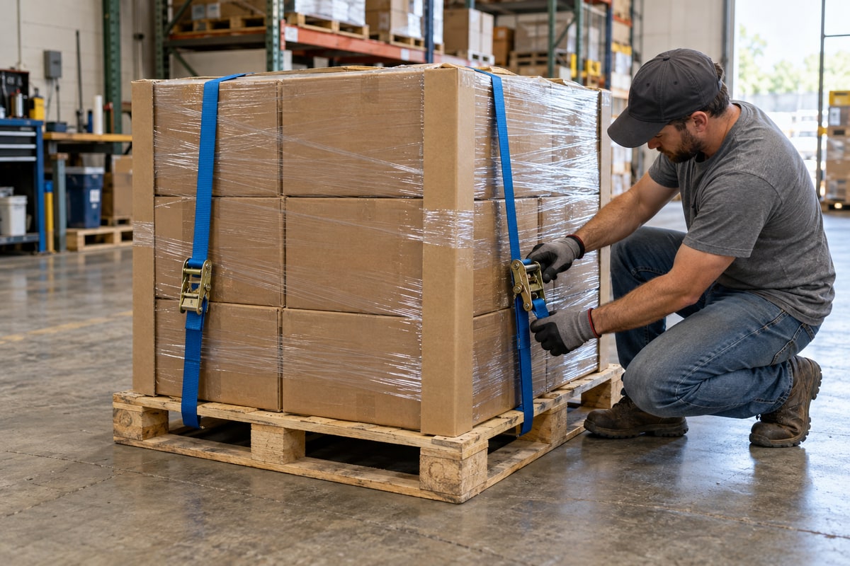 Illustrative scene of a worker securing packed exhibit materials to a pallet.