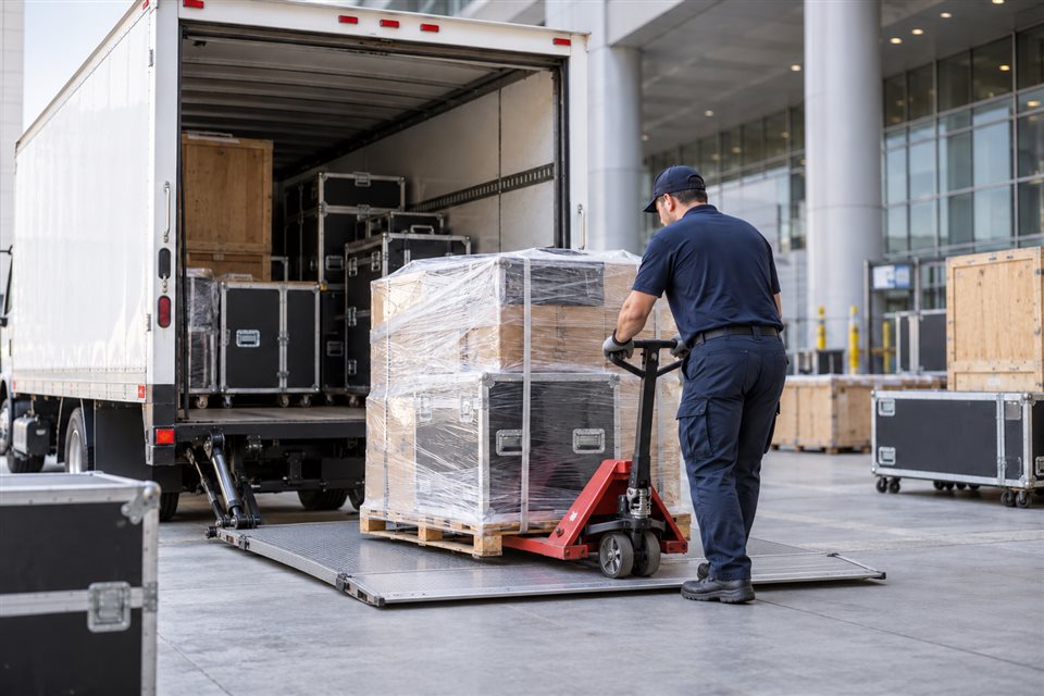 Illustrative scene of freight at a receiving dock.