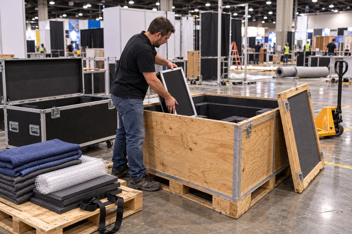 Exhibit materials being repacked on the show floor for return shipping.