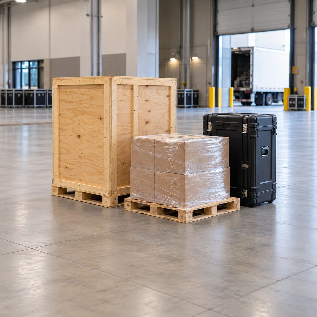 Illustrative freight scene with a wooden crate, wrapped pallet and exhibit case in a warehouse.