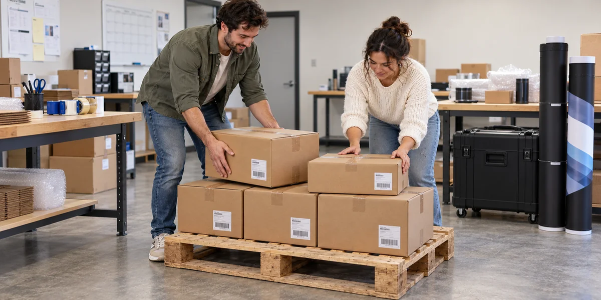 Two customers placing labeled product cartons on a wooden pallet in a small business packing room, beside exhibit cases and rolled displays.