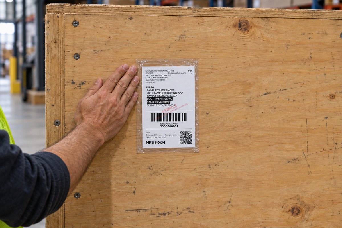 A person securing a NEX EXPO sample label in a clear pouch on a crate.