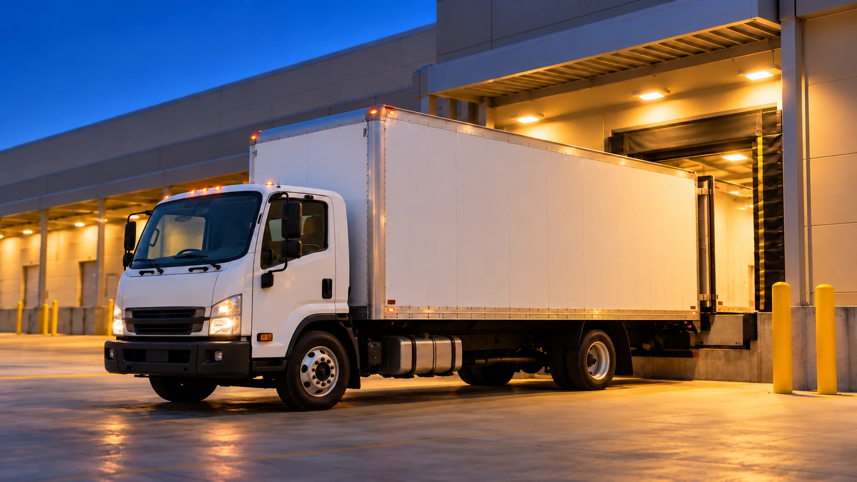 A box truck backed into an illuminated loading dock at dusk, with its cab facing the open yard.