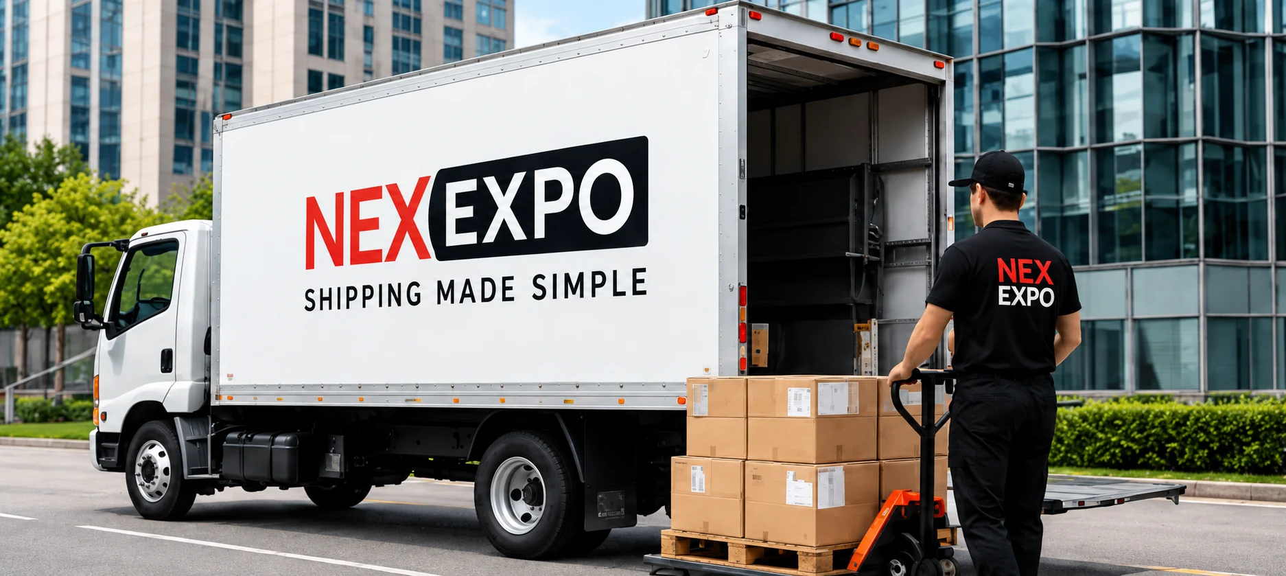 A NEX EXPO box truck used for freight transportation.