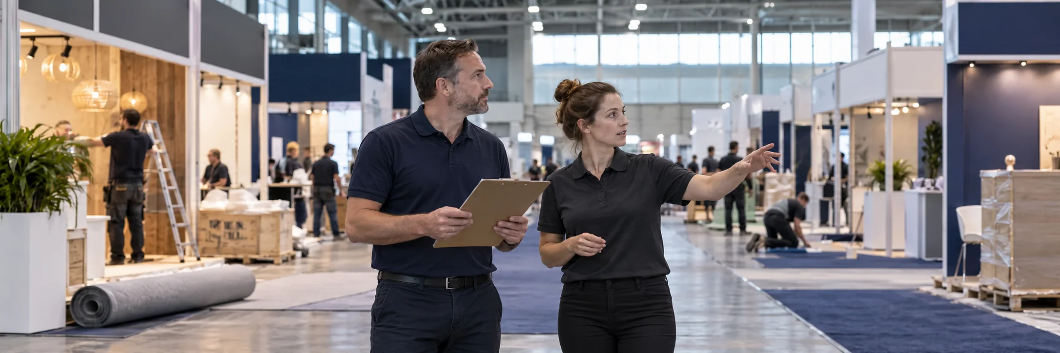 Two coordinators reviewing arrangements on the show floor.