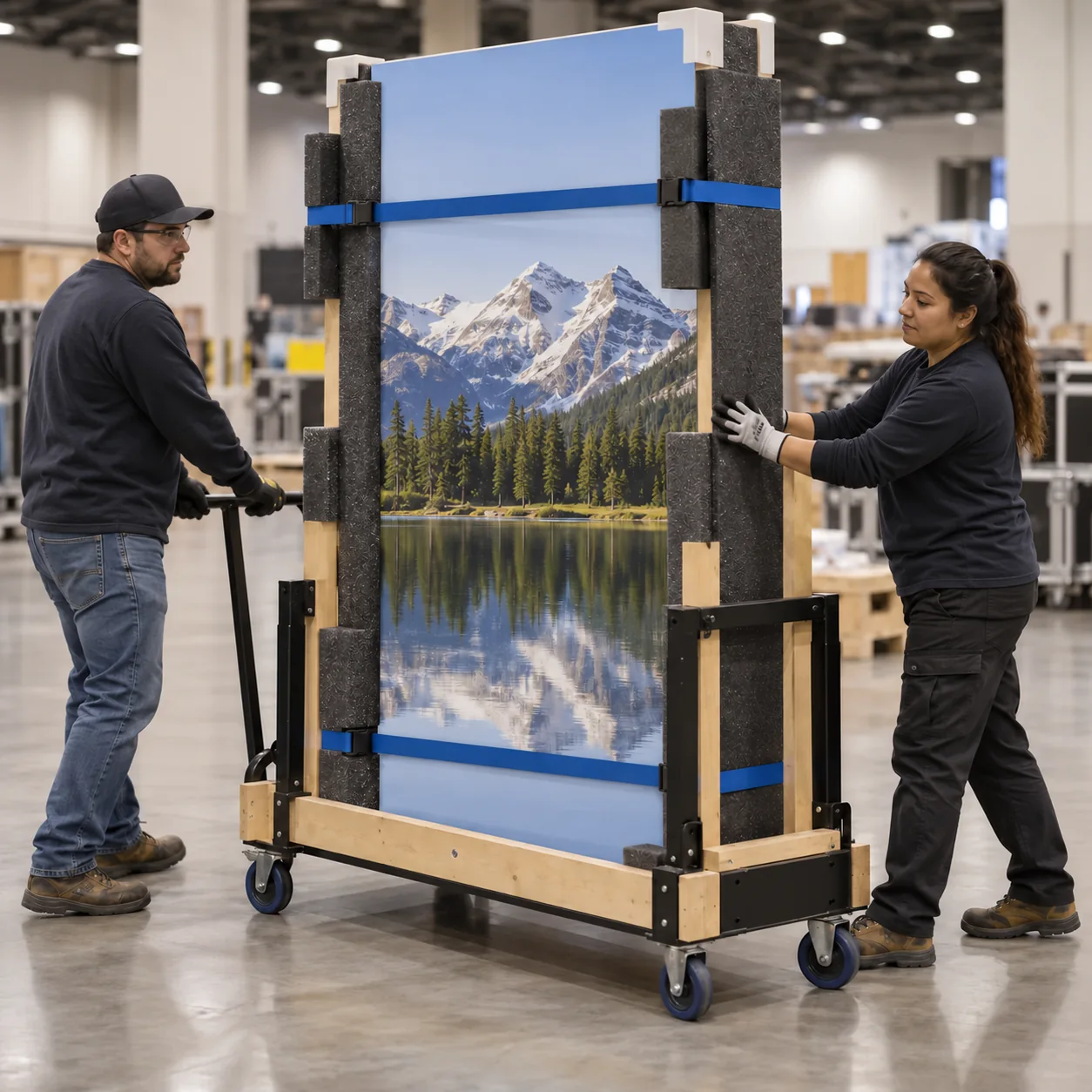Two crew members carefully moving a protected display panel.