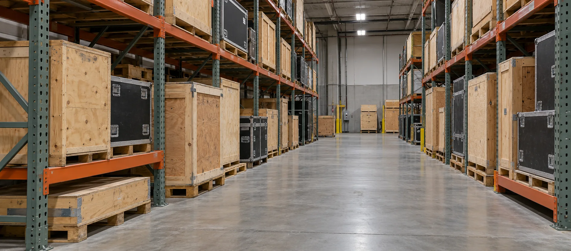 Exhibit crates and road cases stored on warehouse rack shelves beside a clear aisle.