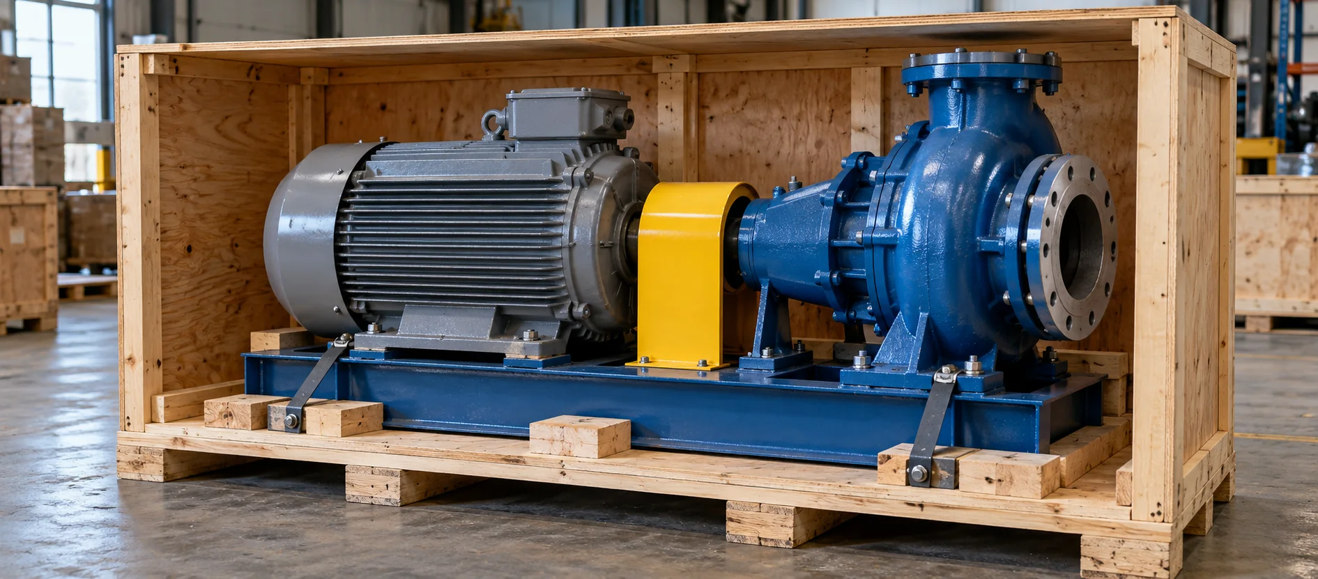 Industrial motor and pump assembly secured inside a wooden shipping crate.