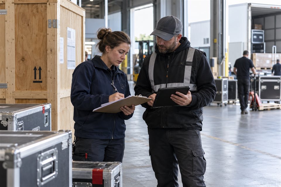 Illustrative scene of freight receiving coordination at a show venue.